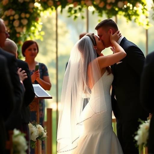 Noiva e noivo se beijando durante a cerimônia de casamento